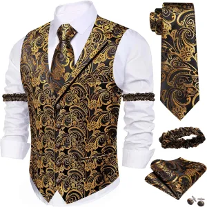Barry.Wang Mens Silk Lapel/Shawl Collar Vest Tie Sleeve Holder Set Formal/Casual Paisley Vests Wedding Tuxedo Waistcoat