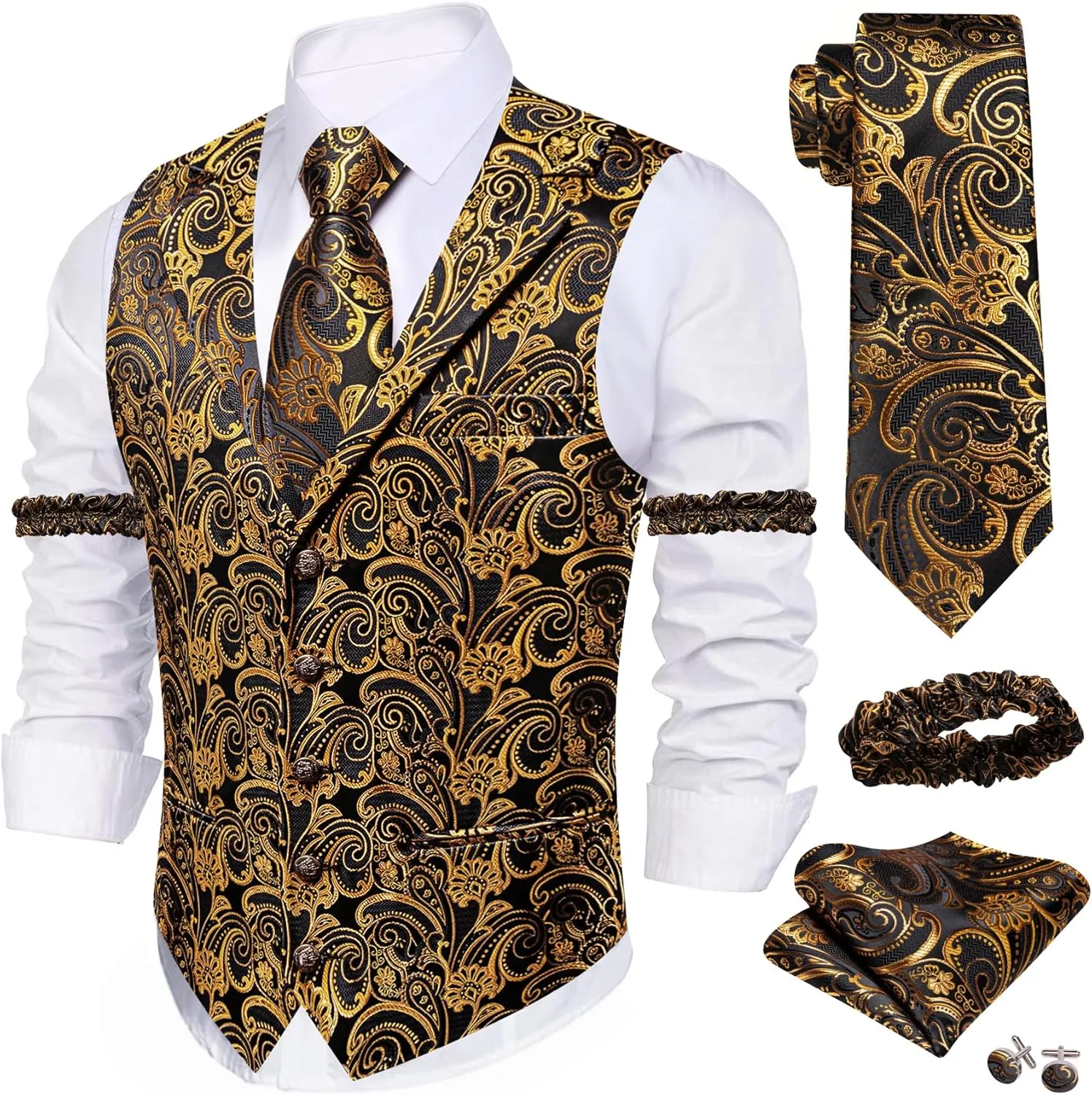 Barry.Wang Mens Silk Lapel/Shawl Collar Vest Tie Sleeve Holder Set Formal/Casual Paisley Vests Wedding Tuxedo Waistcoat
