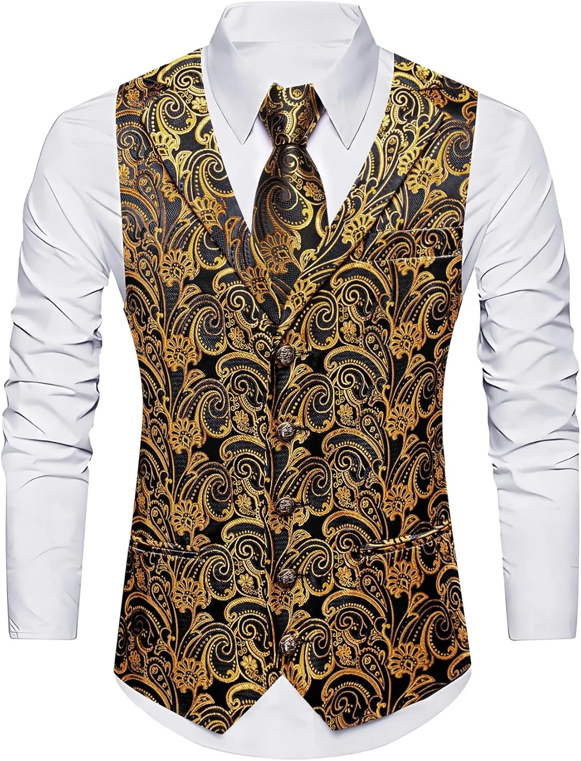 Barry.Wang Mens Silk Lapel/Shawl Collar Vest Tie Sleeve Holder Set Formal/Casual Paisley Vests Wedding Tuxedo Waistcoat