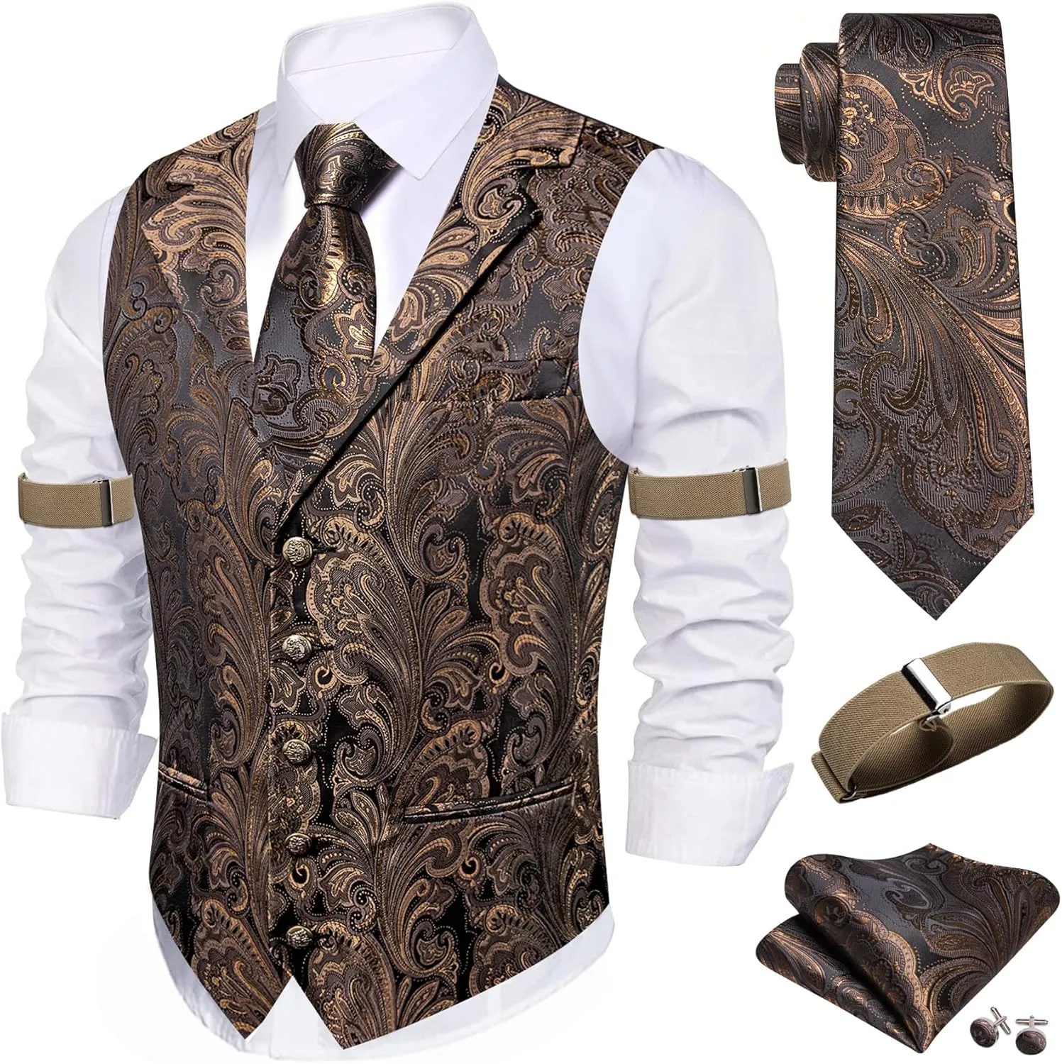 Barry.Wang Mens Silk Lapel/Shawl Collar Vest Tie Sleeve Holder Set Formal/Casual Paisley Vests Wedding Tuxedo Waistcoat