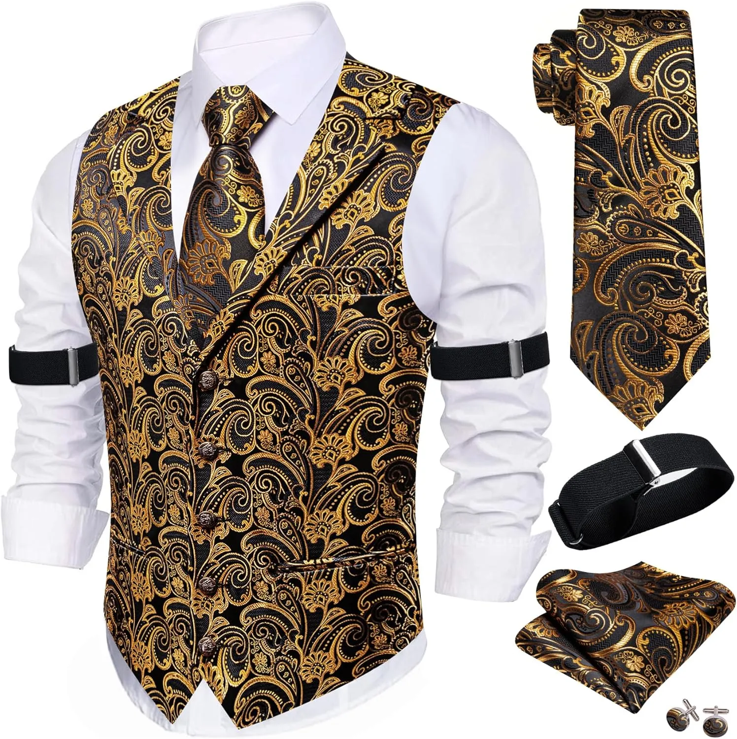 Barry.Wang Mens Silk Lapel/Shawl Collar Vest Tie Sleeve Holder Set Formal/Casual Paisley Vests Wedding Tuxedo Waistcoat
