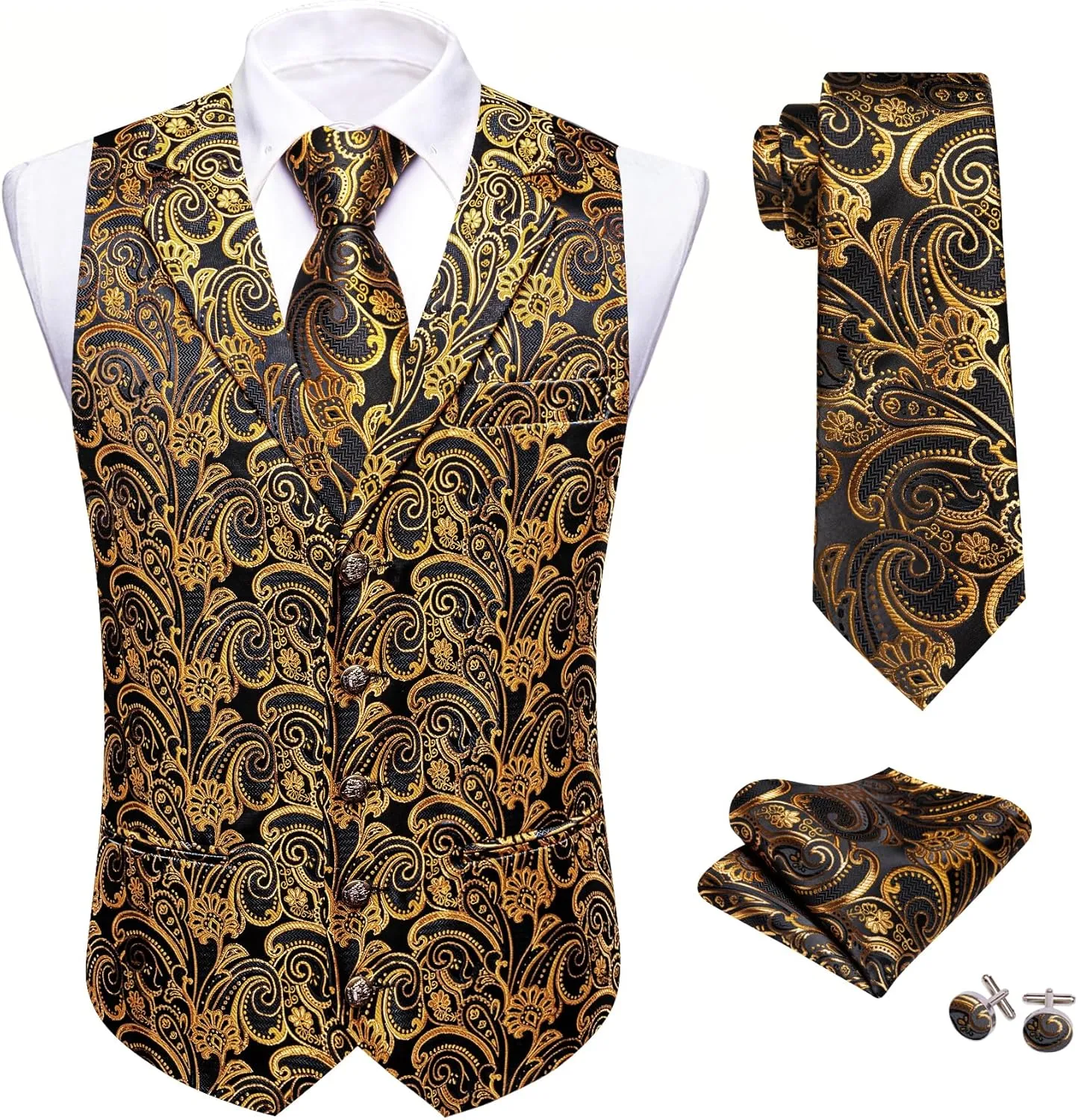 Barry.Wang Mens Silk Lapel/Shawl Collar Vest Tie Sleeve Holder Set Formal/Casual Paisley Vests Wedding Tuxedo Waistcoat