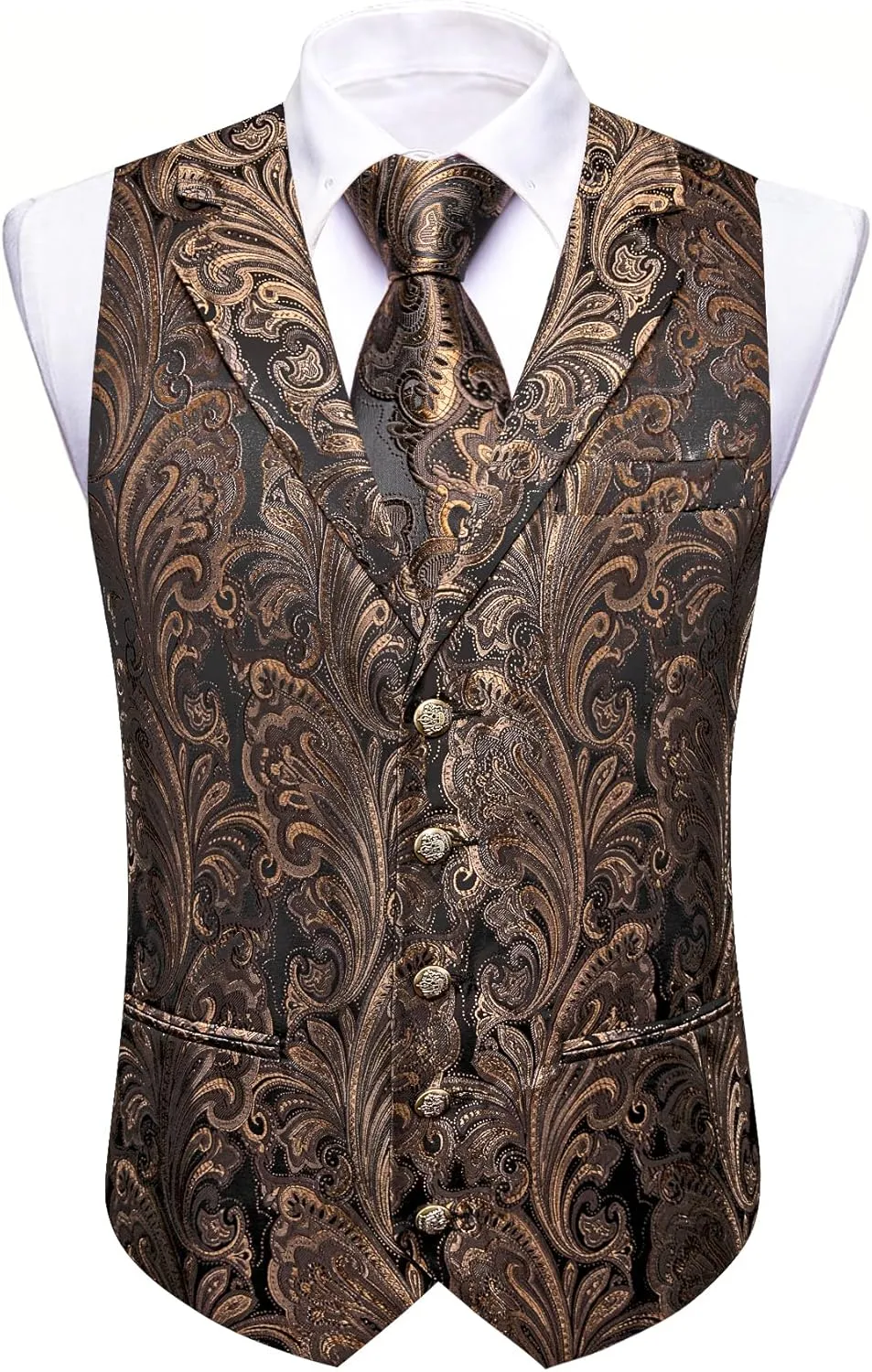 Barry.Wang Mens Silk Lapel/Shawl Collar Vest Tie Sleeve Holder Set Formal/Casual Paisley Vests Wedding Tuxedo Waistcoat