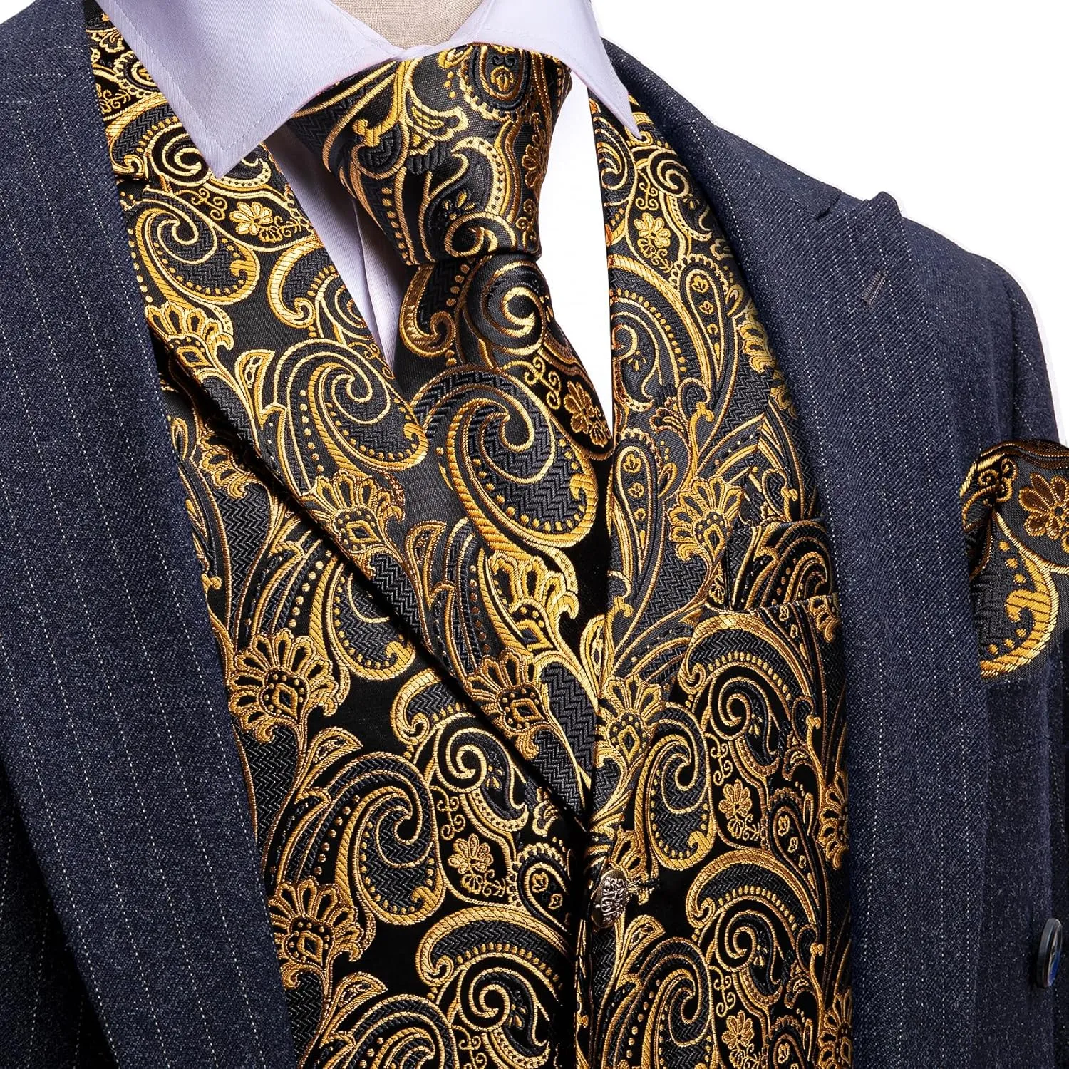 Barry.Wang Mens Silk Lapel/Shawl Collar Vest Tie Sleeve Holder Set Formal/Casual Paisley Vests Wedding Tuxedo Waistcoat