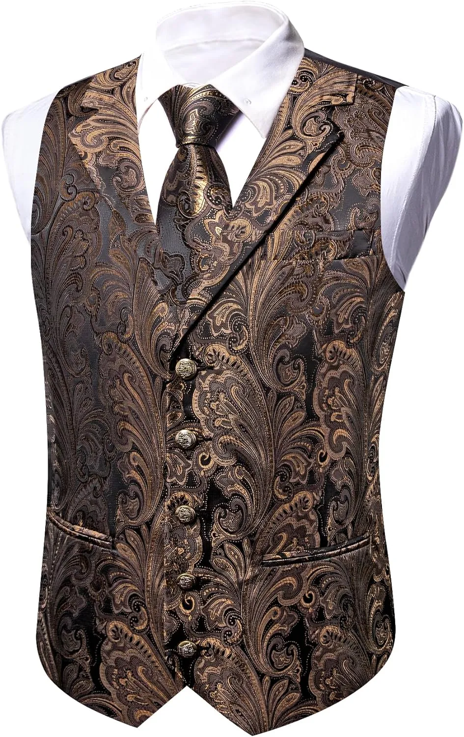 Barry.Wang Mens Silk Lapel/Shawl Collar Vest Tie Sleeve Holder Set Formal/Casual Paisley Vests Wedding Tuxedo Waistcoat