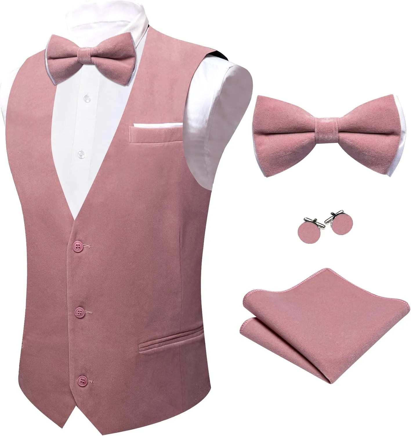 Barry.Wang Men's Velvet Vests Formal Waistcoat Bowtie Set Hanky Cufflink Armband Wedding Party Tuxedo Vest 6PCS