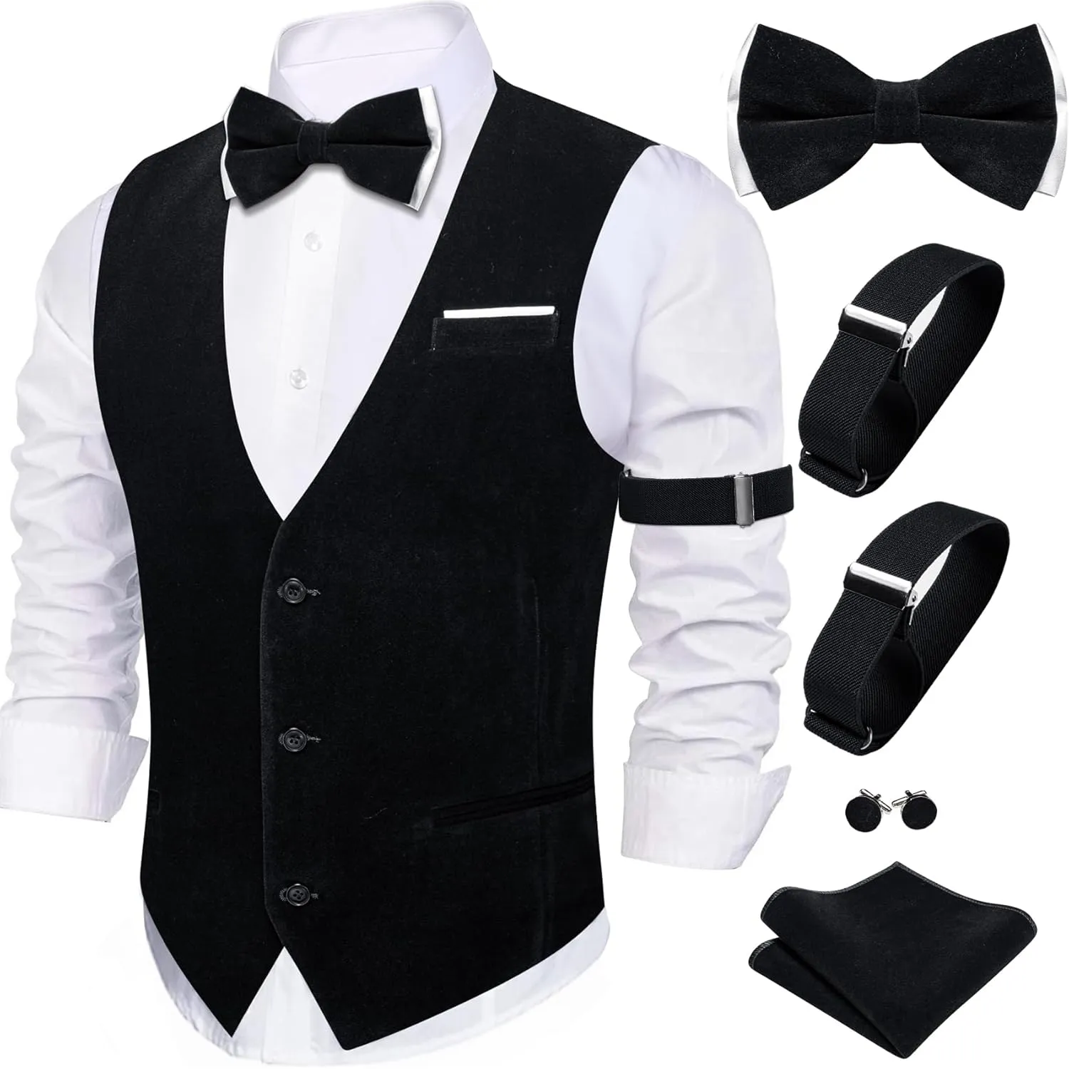 Barry.Wang Men's Velvet Vests Formal Waistcoat Bowtie Set Hanky Cufflink Armband Wedding Party Tuxedo Vest 6PCS