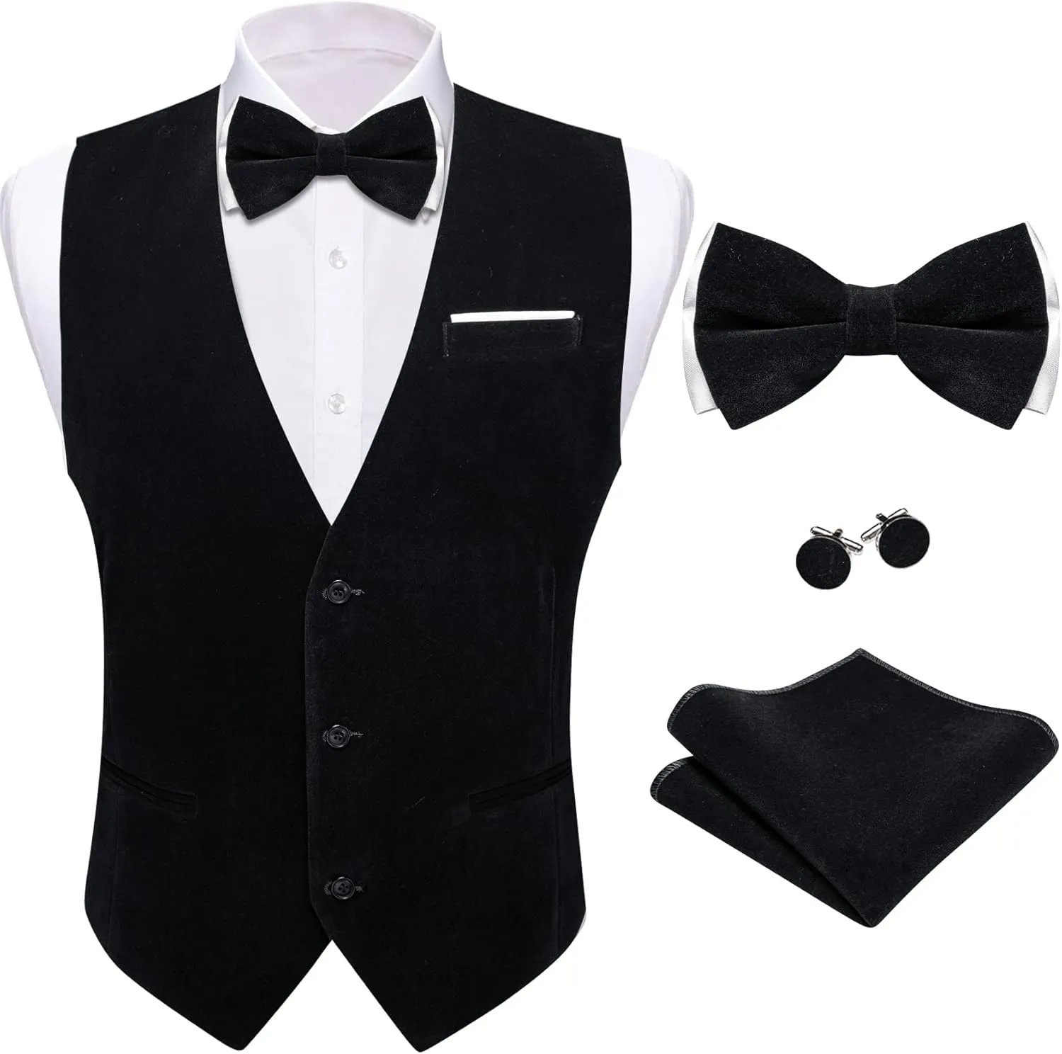 Barry.Wang Men's Velvet Vests Formal Waistcoat Bowtie Set Hanky Cufflink Armband Wedding Party Tuxedo Vest 6PCS