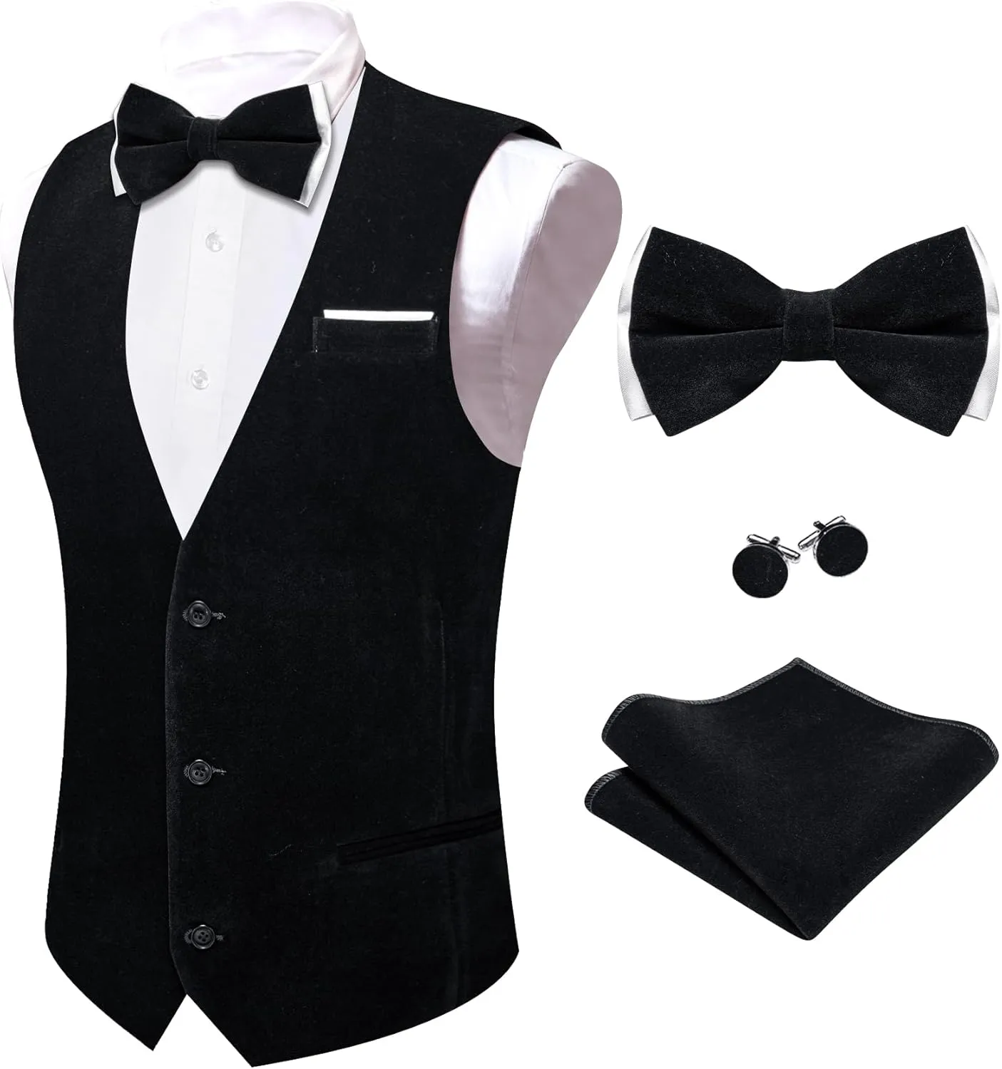 Barry.Wang Men's Velvet Vests Formal Waistcoat Bowtie Set Hanky Cufflink Armband Wedding Party Tuxedo Vest 6PCS