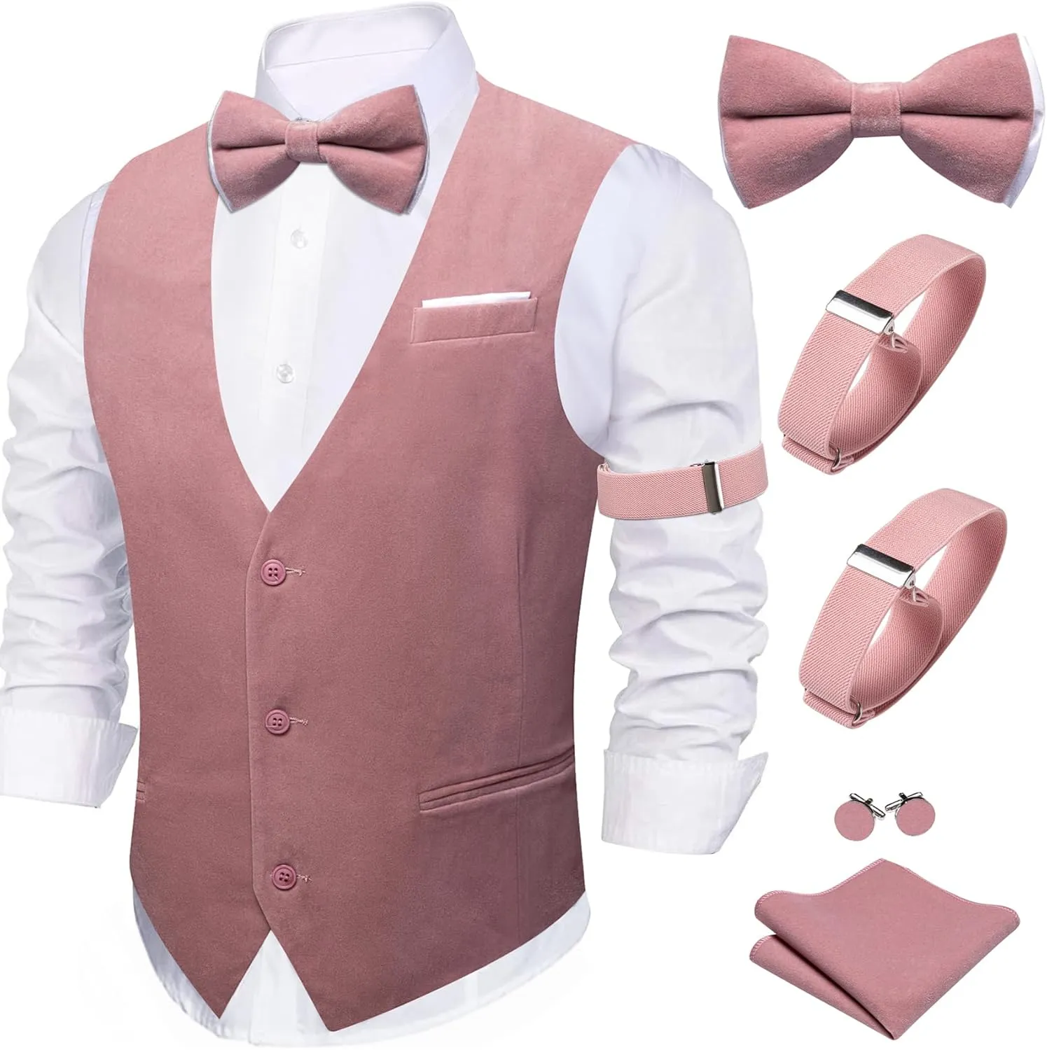 Barry.Wang Men's Velvet Vests Formal Waistcoat Bowtie Set Hanky Cufflink Armband Wedding Party Tuxedo Vest 6PCS