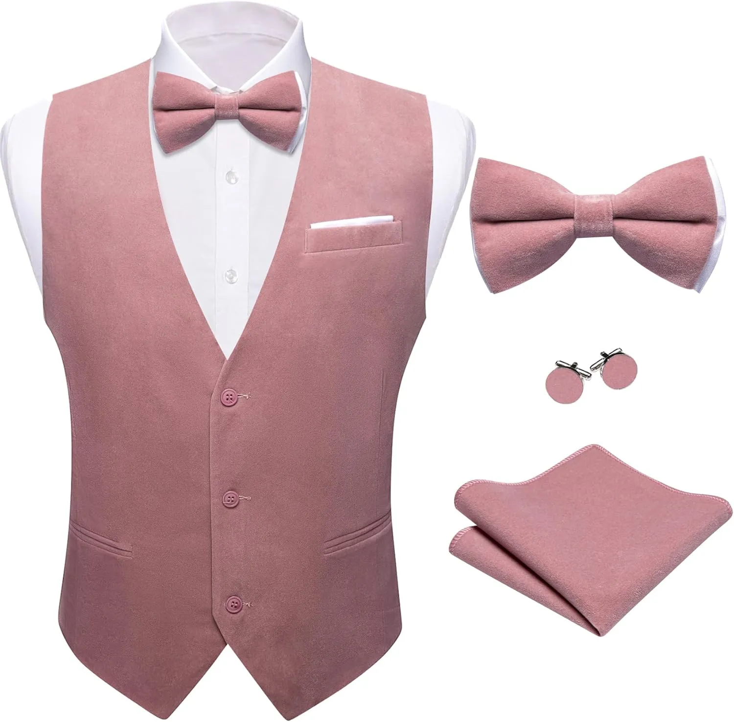 Barry.Wang Men's Velvet Vests Formal Waistcoat Bowtie Set Hanky Cufflink Armband Wedding Party Tuxedo Vest 6PCS