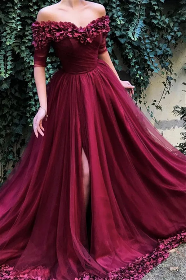 Bateau Elegant Flower  Prom Dresses | Slit Tulle Elbow-sleeves Prom Dresses