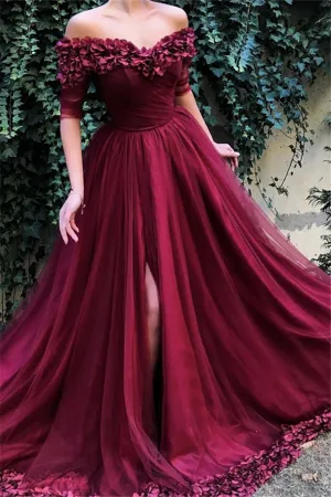 Bateau Elegant Flower  Prom Dresses | Slit Tulle Elbow-sleeves Prom Dresses