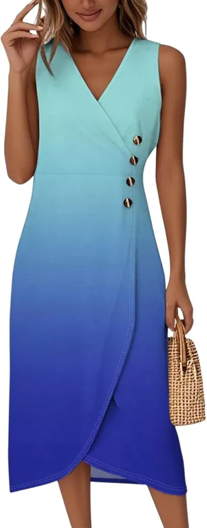 Beach Dresses for Women 2025 Vacation Trendy Elegant V Neck Sleeveless Summer Dress Casual Irregular Hem Midi Sundress