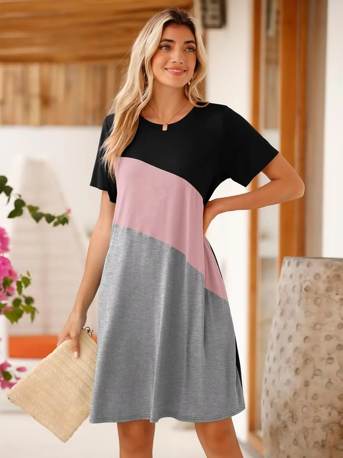 BELAROI Womens Plus Size Summer T Shirt Dresses Casual Swing Short Sleeve Patchwork Tunic Dress with Pockets