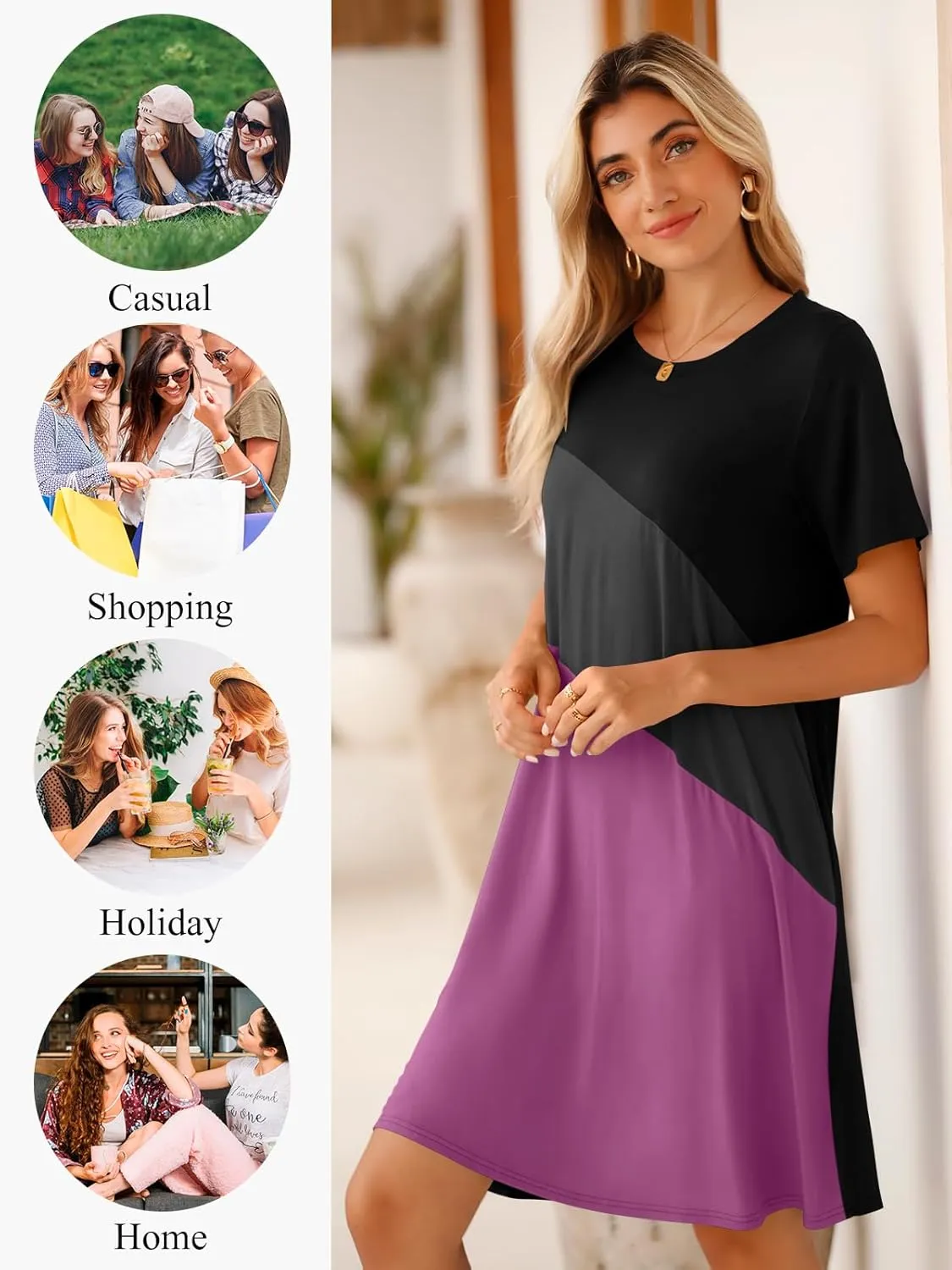 BELAROI Womens Plus Size Summer T Shirt Dresses Casual Swing Short Sleeve Patchwork Tunic Dress with Pockets