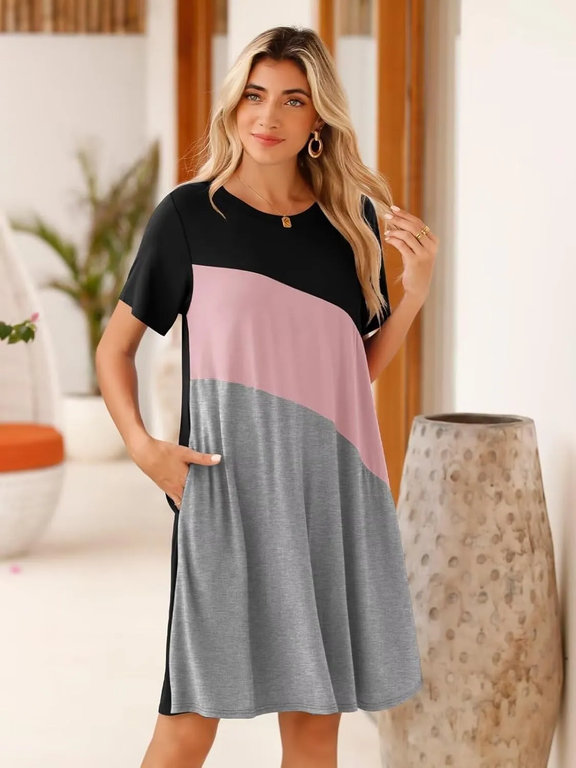 BELAROI Womens Plus Size Summer T Shirt Dresses Casual Swing Short Sleeve Patchwork Tunic Dress with Pockets