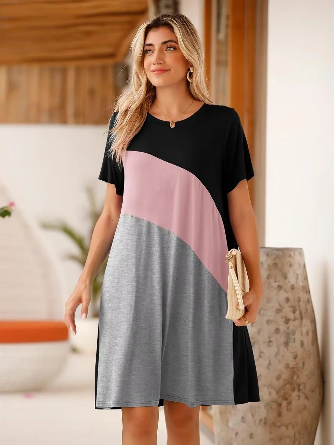 BELAROI Womens Plus Size Summer T Shirt Dresses Casual Swing Short Sleeve Patchwork Tunic Dress with Pockets