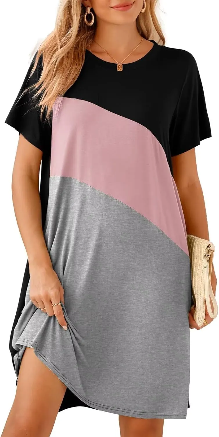 BELAROI Womens Plus Size Summer T Shirt Dresses Casual Swing Short Sleeve Patchwork Tunic Dress with Pockets