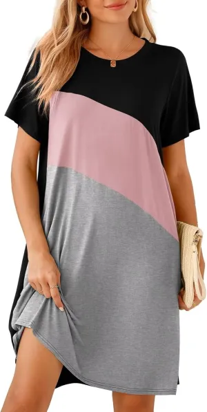 BELAROI Womens Plus Size Summer T Shirt Dresses Casual Swing Short Sleeve Patchwork Tunic Dress with Pockets