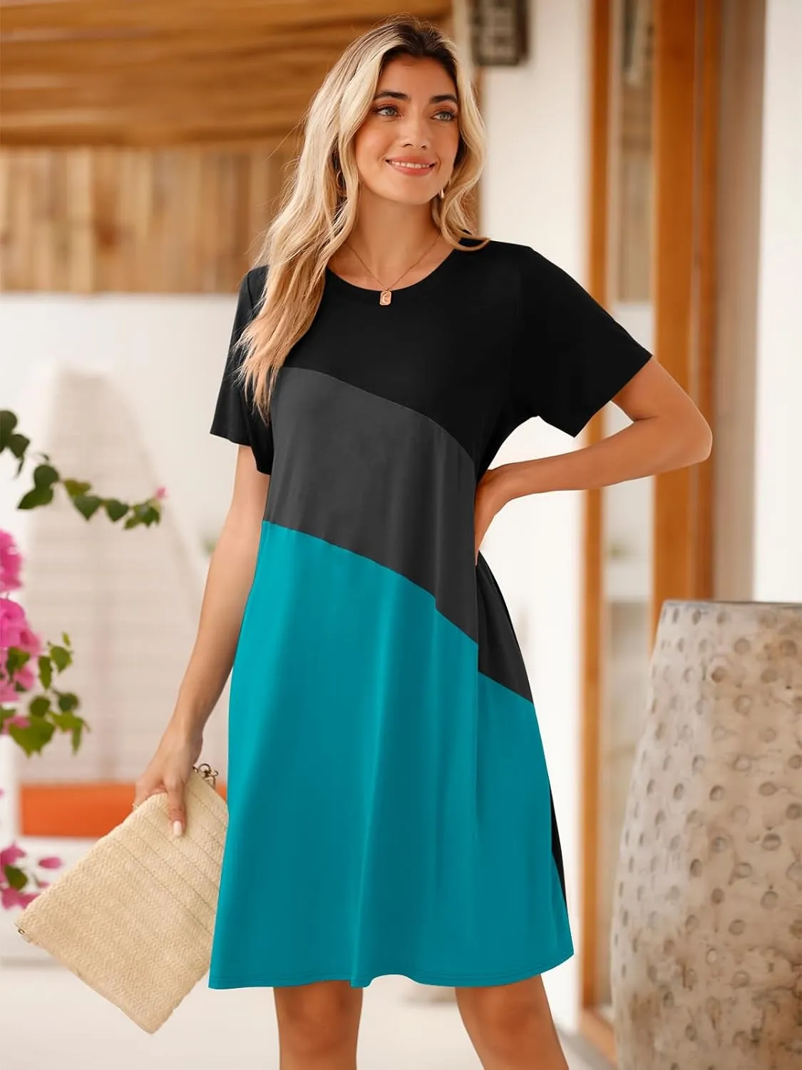 BELAROI Womens Plus Size Summer T Shirt Dresses Casual Swing Short Sleeve Patchwork Tunic Dress with Pockets