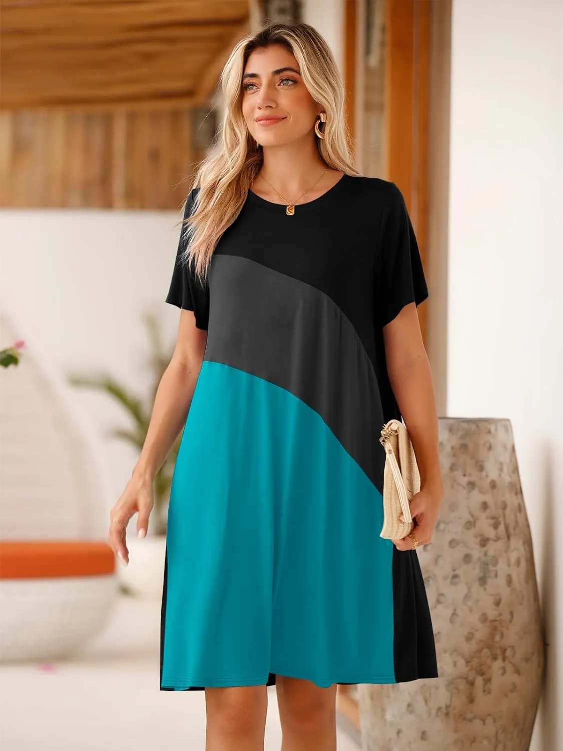 BELAROI Womens Plus Size Summer T Shirt Dresses Casual Swing Short Sleeve Patchwork Tunic Dress with Pockets