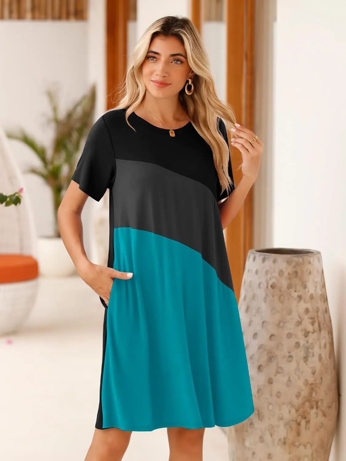 BELAROI Womens Plus Size Summer T Shirt Dresses Casual Swing Short Sleeve Patchwork Tunic Dress with Pockets
