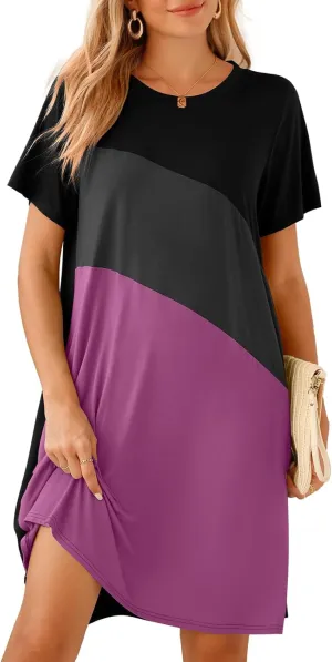 BELAROI Womens Plus Size Summer T Shirt Dresses Casual Swing Short Sleeve Patchwork Tunic Dress with Pockets