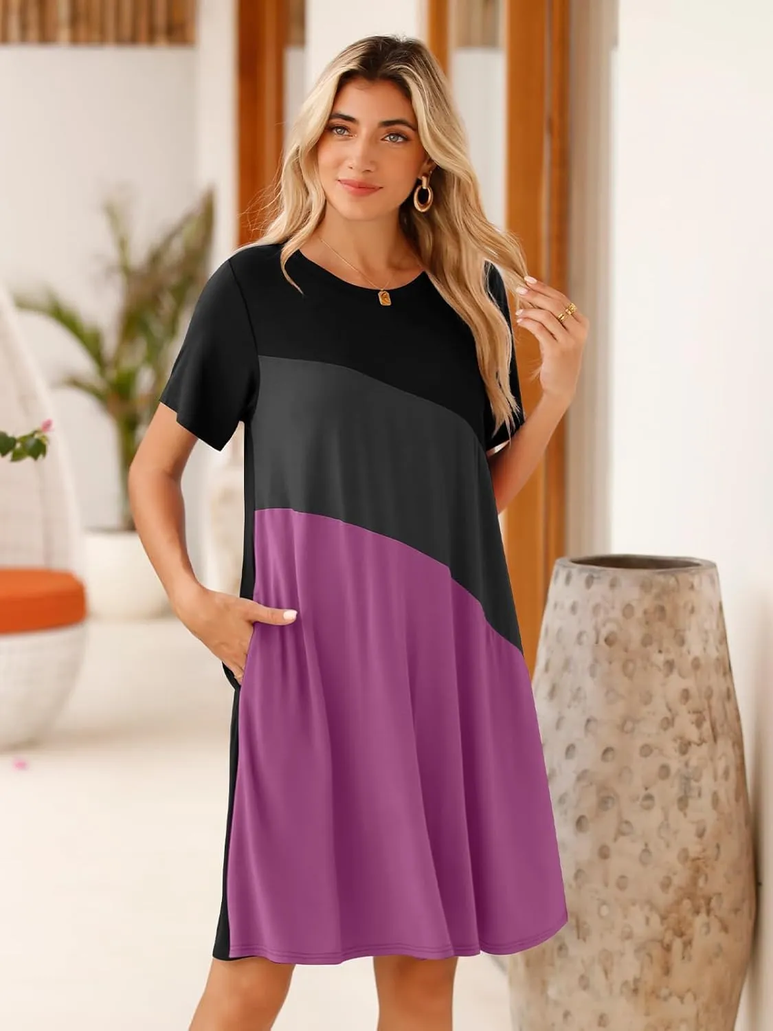 BELAROI Womens Plus Size Summer T Shirt Dresses Casual Swing Short Sleeve Patchwork Tunic Dress with Pockets