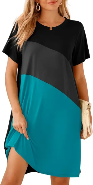 BELAROI Womens Plus Size Summer T Shirt Dresses Casual Swing Short Sleeve Patchwork Tunic Dress with Pockets