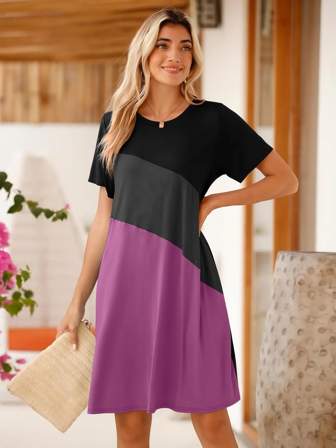 BELAROI Womens Plus Size Summer T Shirt Dresses Casual Swing Short Sleeve Patchwork Tunic Dress with Pockets