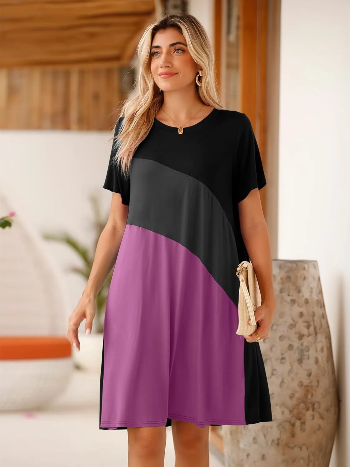 BELAROI Womens Plus Size Summer T Shirt Dresses Casual Swing Short Sleeve Patchwork Tunic Dress with Pockets
