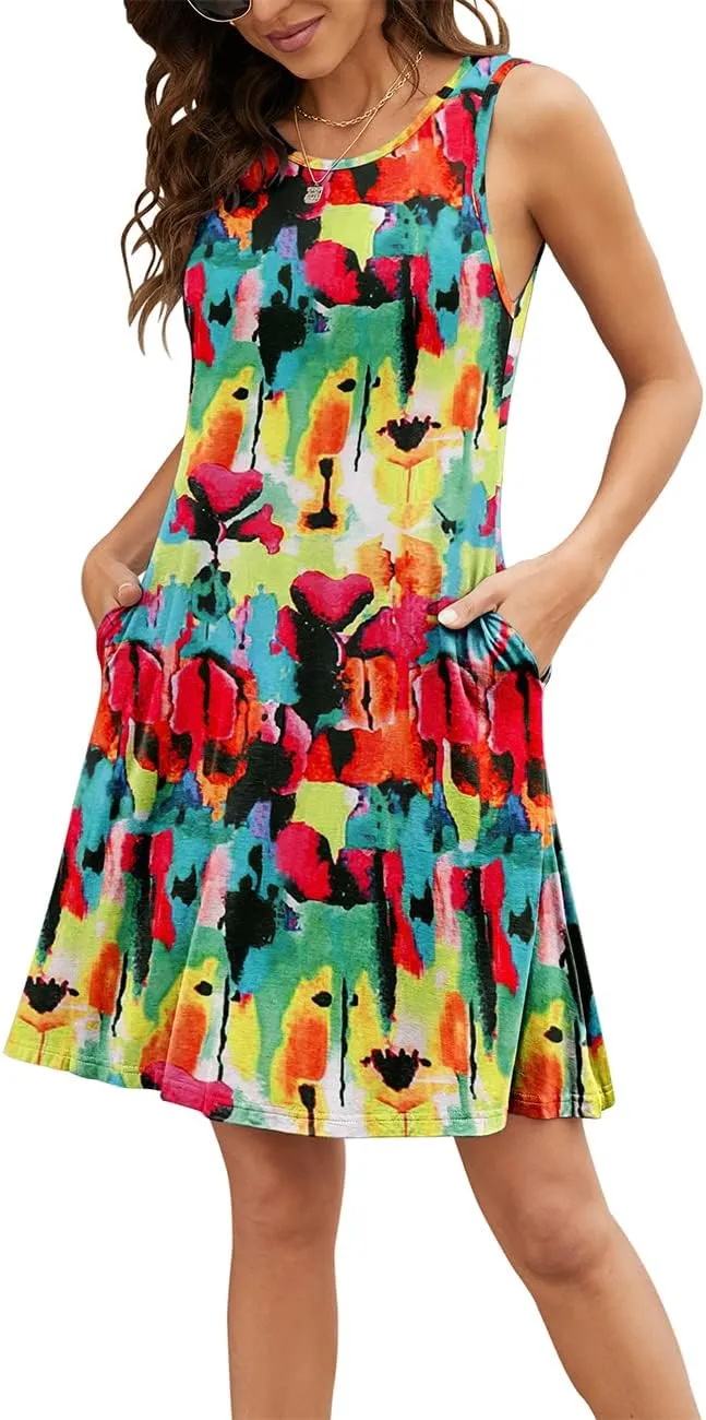 BEUFRI Sundress for Women Summer Casual Sleeveless Swing T Shirt Dresses Beach Cover up Tank Dress with Pockets