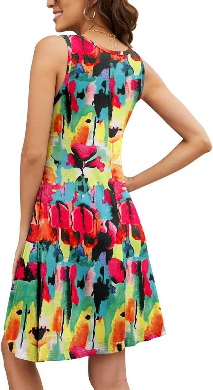 BEUFRI Sundress for Women Summer Casual Sleeveless Swing T Shirt Dresses Beach Cover up Tank Dress with Pockets