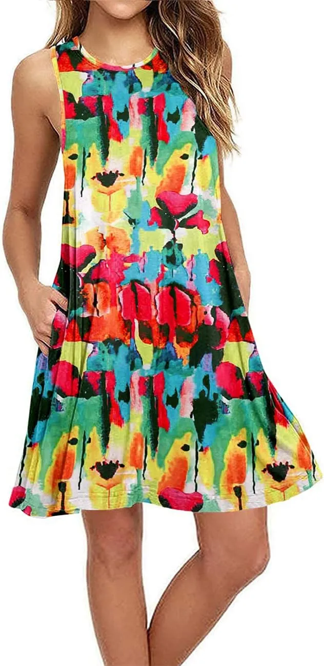 BEUFRI Sundress for Women Summer Casual Sleeveless Swing T Shirt Dresses Beach Cover up Tank Dress with Pockets