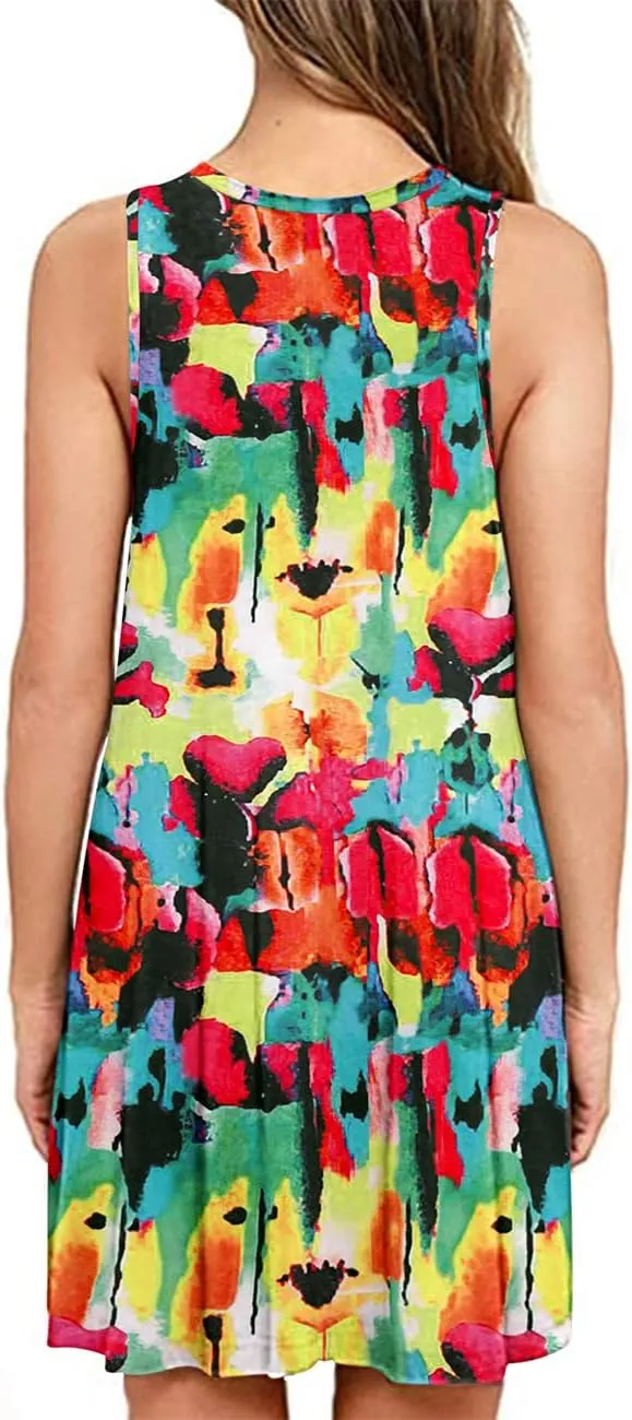 BEUFRI Sundress for Women Summer Casual Sleeveless Swing T Shirt Dresses Beach Cover up Tank Dress with Pockets