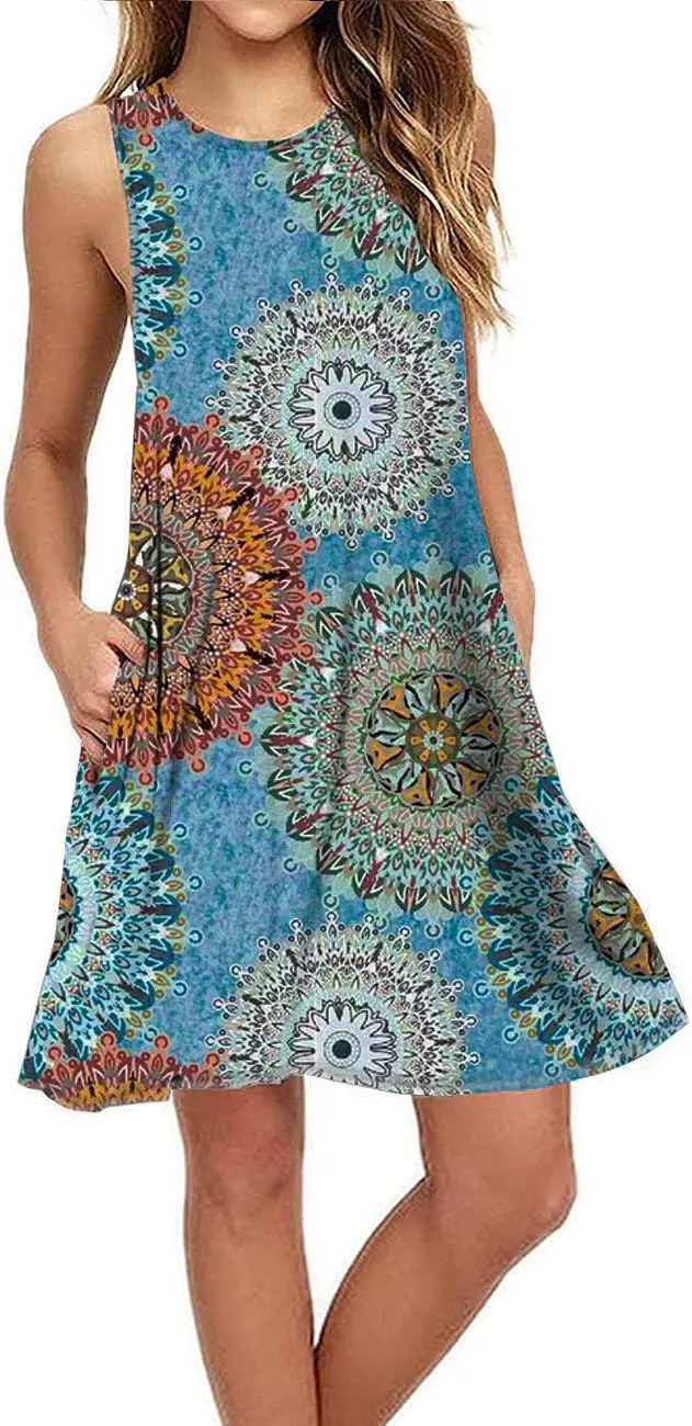 BEUFRI Sundress for Women Summer Casual Sleeveless Swing T Shirt Dresses Beach Cover up Tank Dress with Pockets