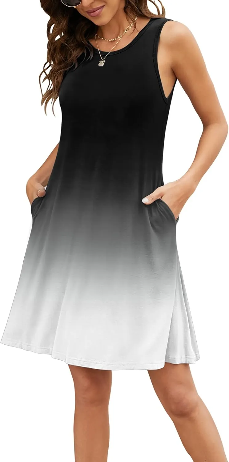 BEUFRI Women Summer Casual Swing T Shirt Dresses Beach Cover up Plain Tank Dress with Pockets