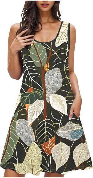 Boho Dresses for Women 2025 Summer Floral Cute Sundress Casual Sleeveless Tank Beach Mini Dress with Pocket