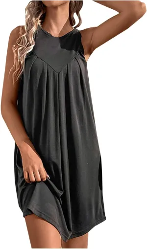 Boho Dresses for Women,2025 Trendy Crewneck Sleeveless Mini Dress Button Knit Color Block Short Dresses with Pockets