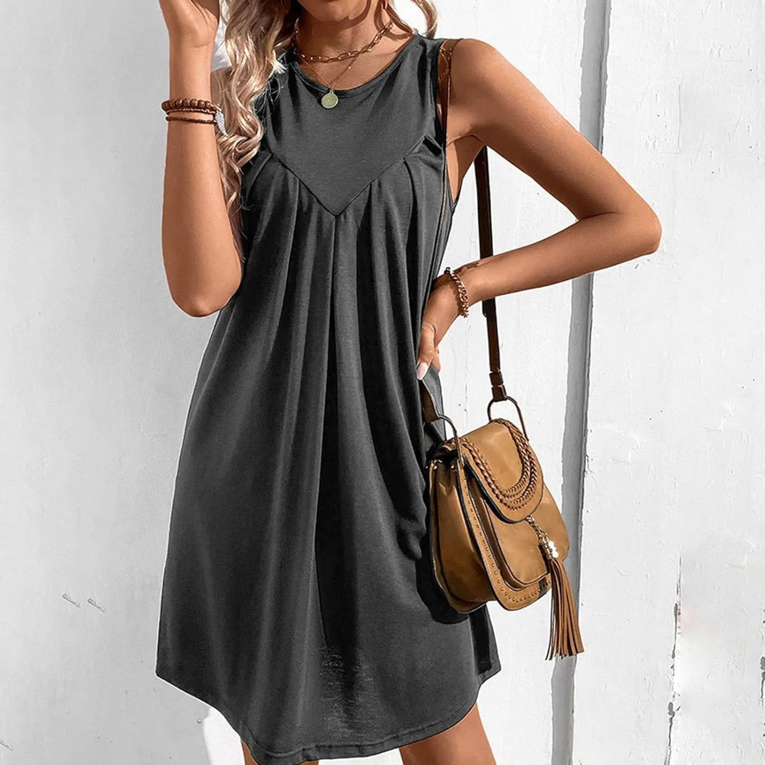 Boho Dresses for Women,2025 Trendy Crewneck Sleeveless Mini Dress Button Knit Color Block Short Dresses with Pockets