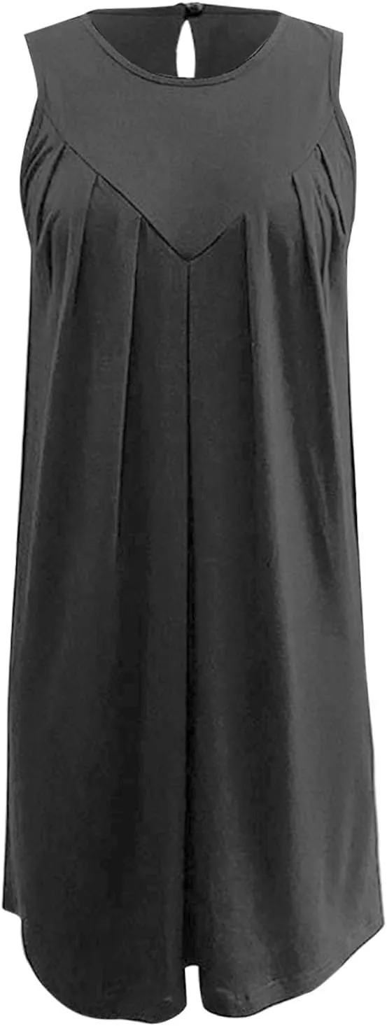 Boho Dresses for Women,2025 Trendy Crewneck Sleeveless Mini Dress Button Knit Color Block Short Dresses with Pockets