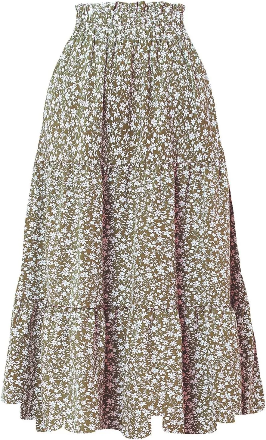 Boho Floral Maxi Skirt for Women 2025 Summer Elastic High Waist A Line Long Skirts Flowy Tiered Skirt with Pockets
