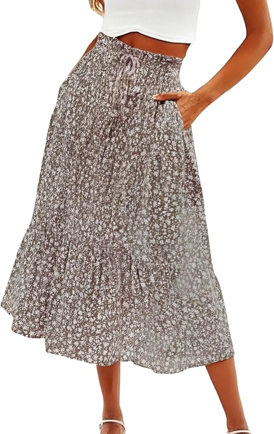 Boho Floral Maxi Skirt for Women 2025 Summer Elastic High Waist A Line Long Skirts Flowy Tiered Skirt with Pockets