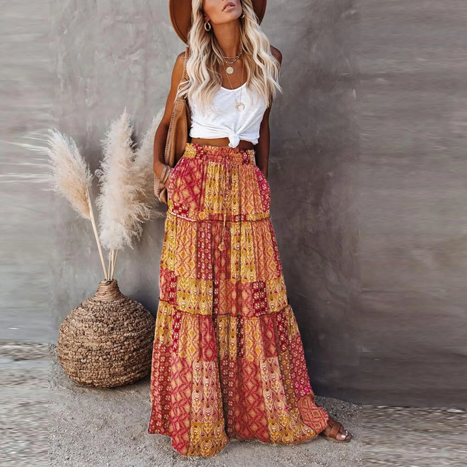 Boho Maxi Skirts for Women 2025 Ruffle Tiered Pleated Long Flowy Skirts Elastic High Waisted Swing Summer Beach Skirt