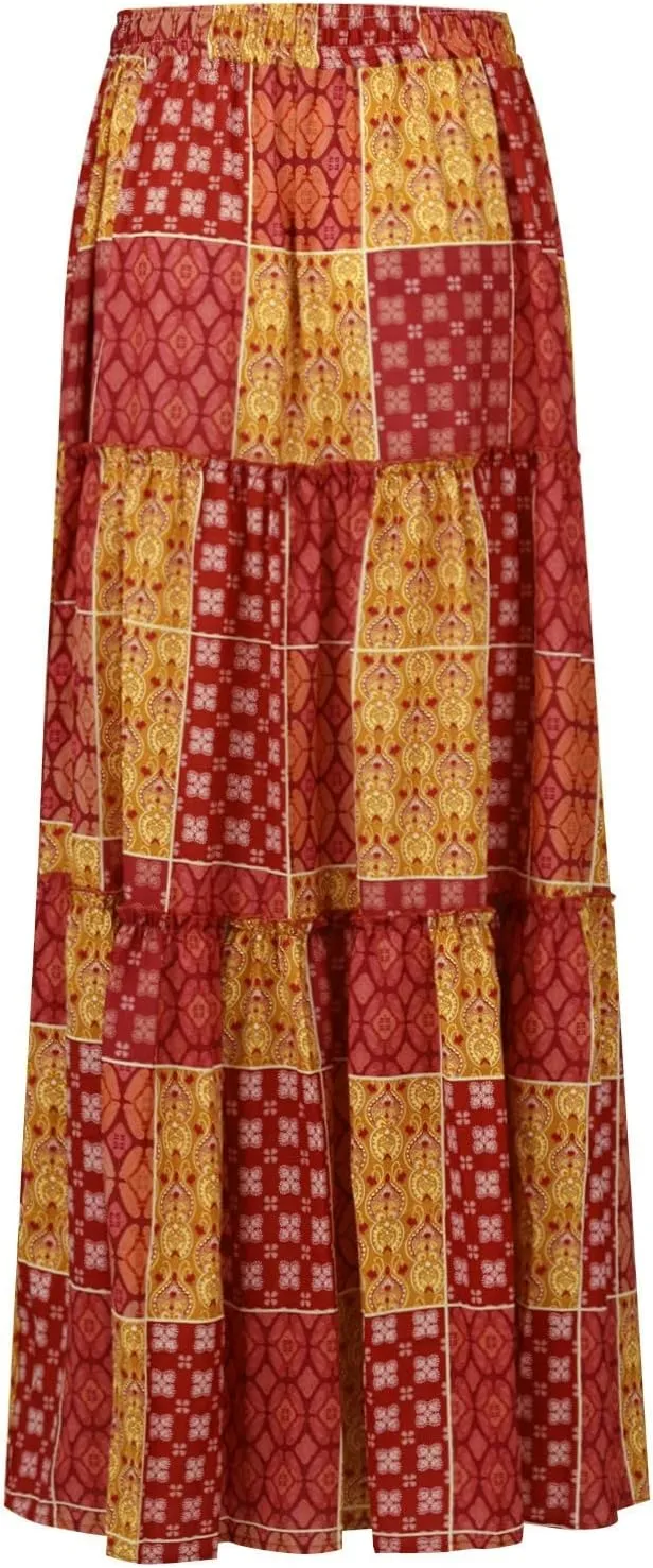 Boho Maxi Skirts for Women 2025 Ruffle Tiered Pleated Long Flowy Skirts Elastic High Waisted Swing Summer Beach Skirt