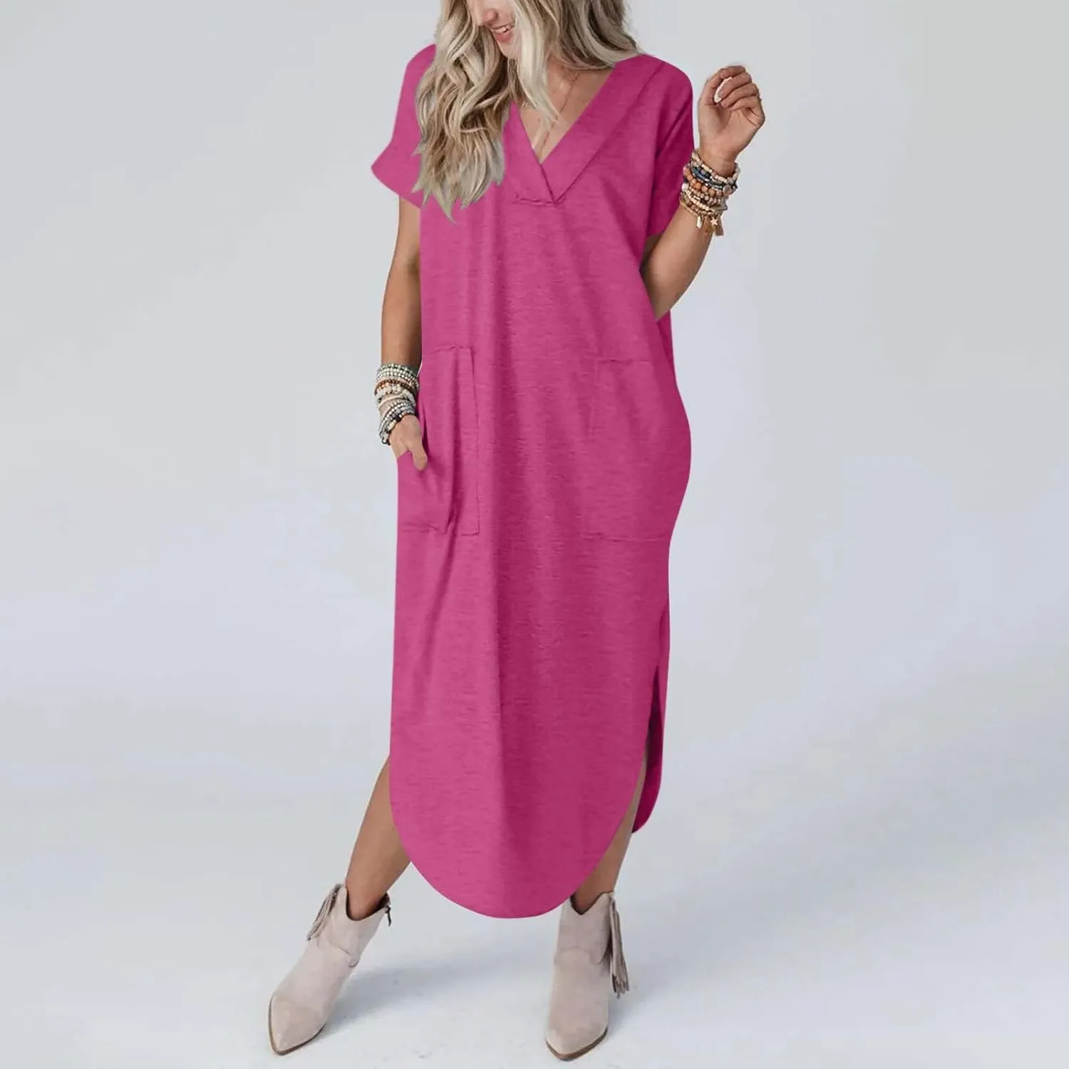 Casual Dresses for Women Summer Short Sleeve T-Shirt Dress Swing A Line Beach Vacation Sundresses with Pockets