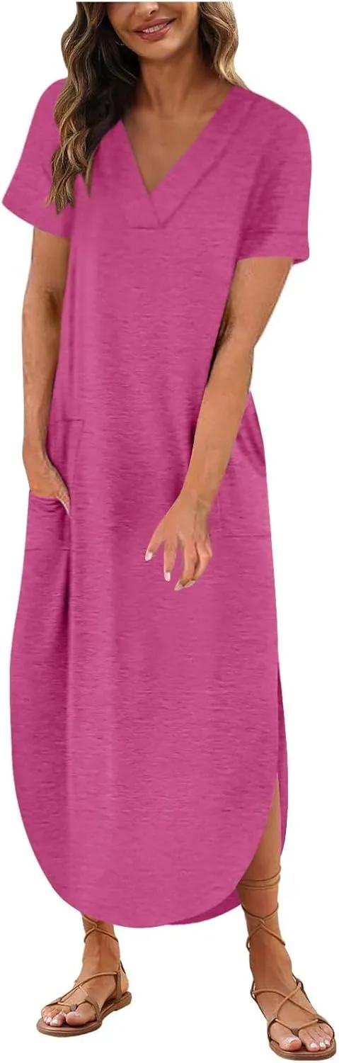 Casual Dresses for Women Summer Short Sleeve T-Shirt Dress Swing A Line Beach Vacation Sundresses with Pockets