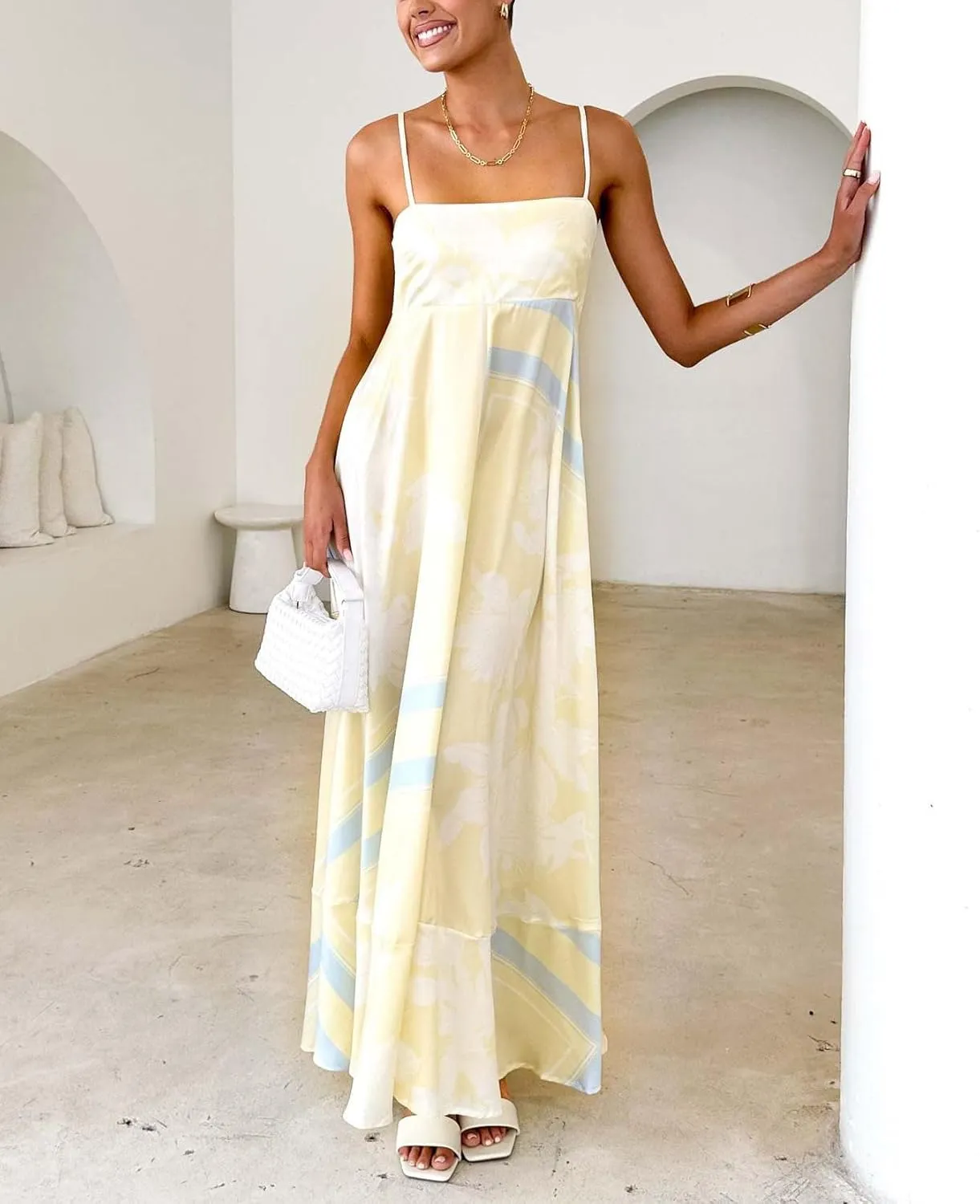 chouyatou Women's Bohemian Floral Print Back Smocked Maxi Dress Sexy Spaghetti Strap Ruffle Swing Beach Long Dress