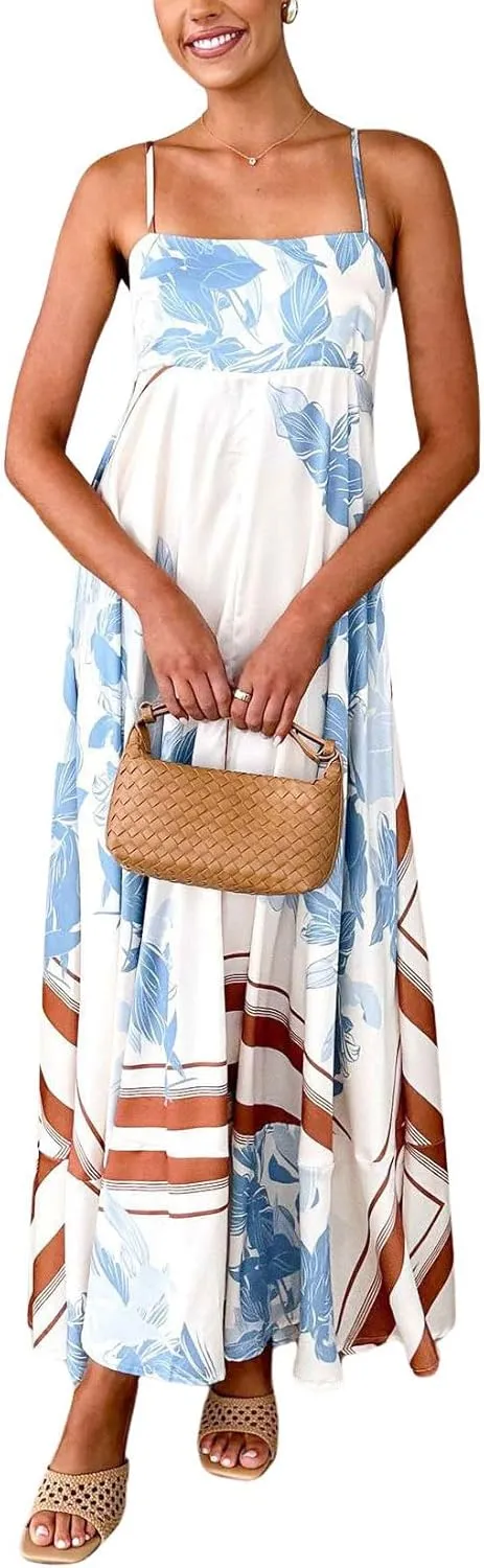 chouyatou Women's Bohemian Floral Print Back Smocked Maxi Dress Sexy Spaghetti Strap Ruffle Swing Beach Long Dress